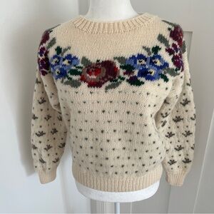Vintage Outback Red Womens Floral Beige Cardigan Sweater 100% Wool Knit Sz M *O3